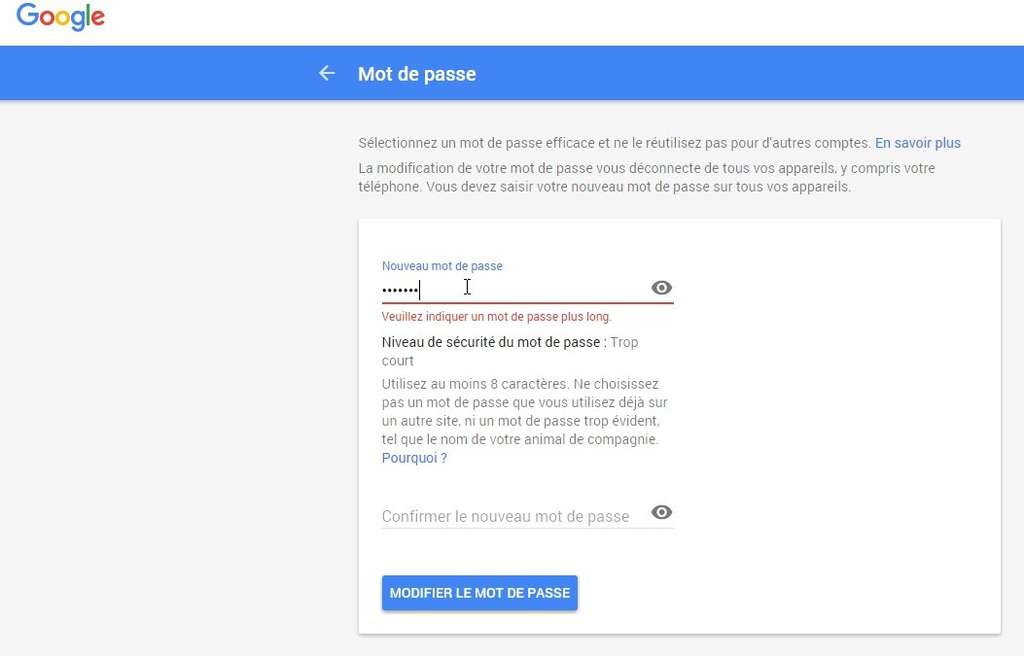 Changer Mot de Passe Gmail